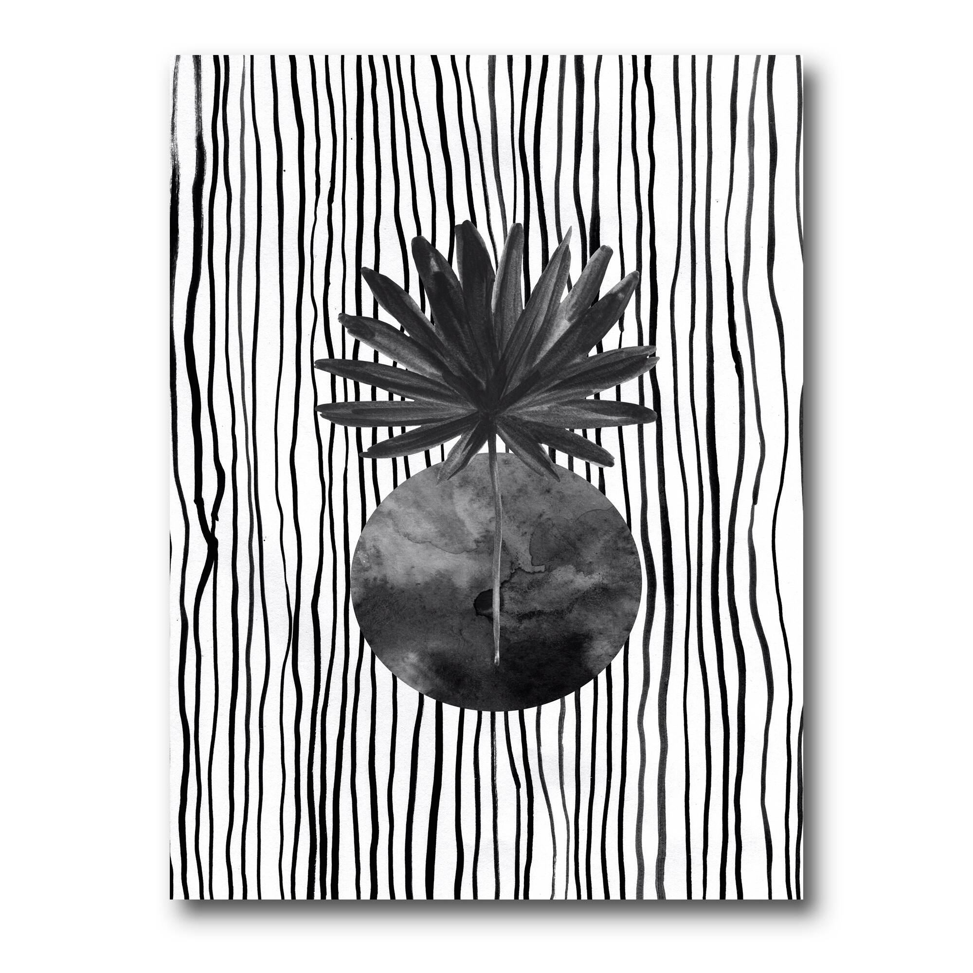 Designart - Black and White Tropical Leaf On Striped I